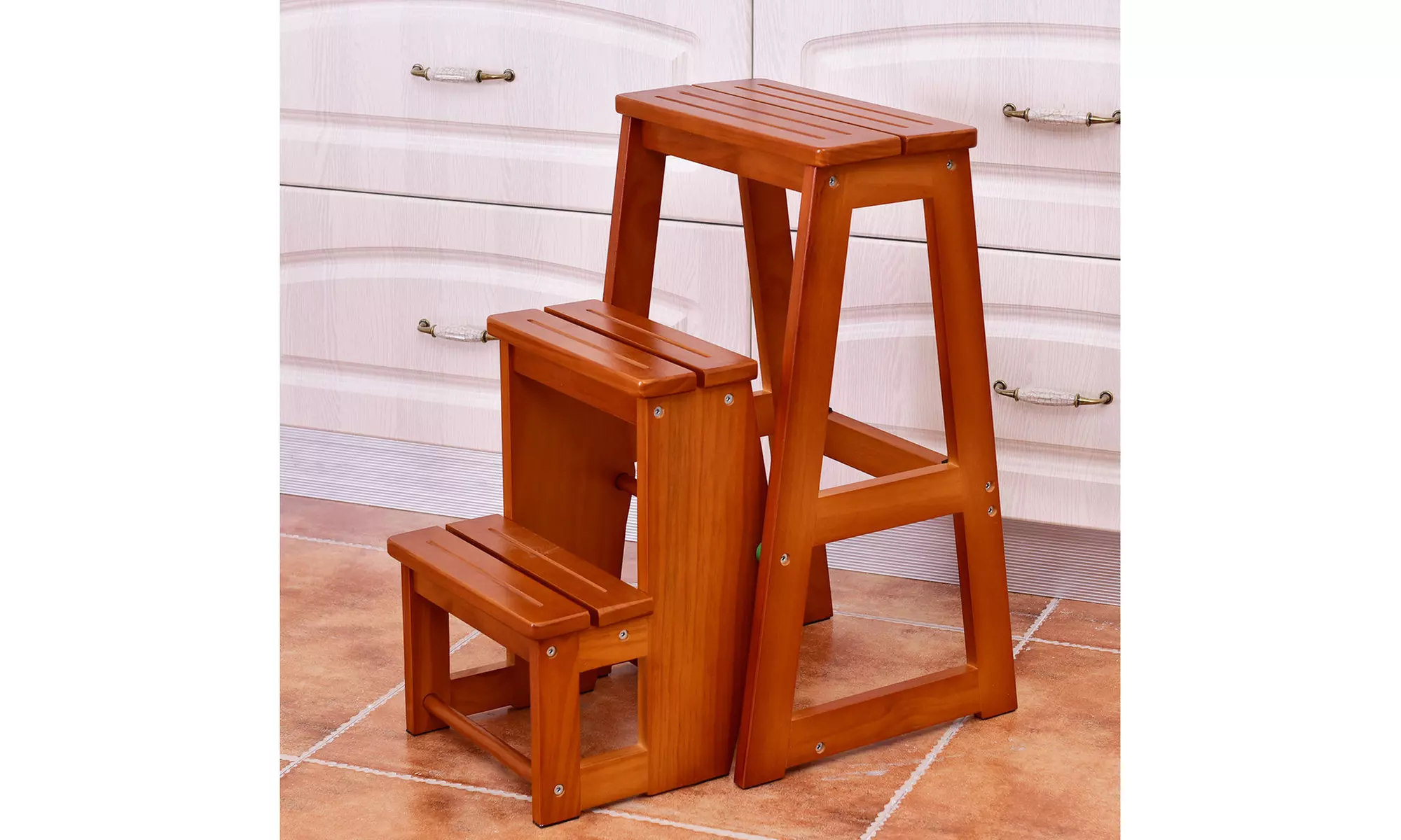Wood Step Stool Folding 3 Tier Ladder Chair Bench Seat Utility Multi-functional - Primary Image