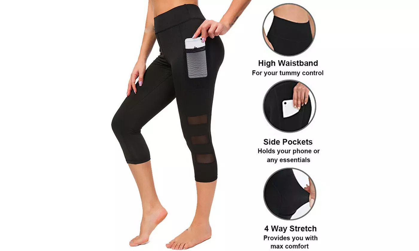 Womens High Waist Fitness Workout Capris Yoga Leggings With Pockets 