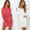 Image 1: Womens Off The Shoulder Dresses Sexy Round Neck Long Sleeves Mini Bodycon Dress 
