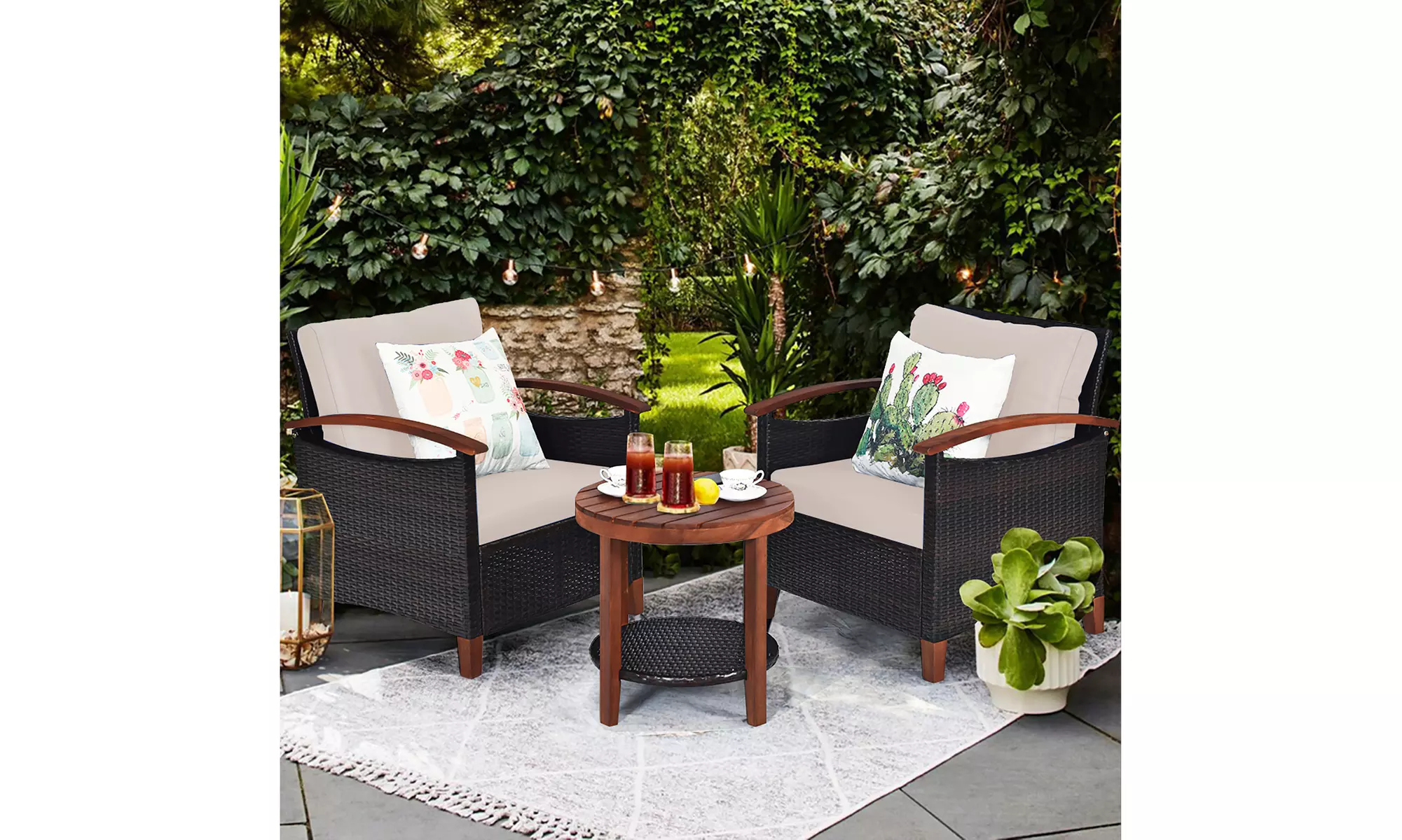Costway 3PCS Patio Rattan Furniture Set Solid Wood Frame Cushion Sofa - Primary Image