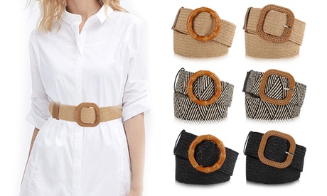 Women Straw Woven Waist Belt Band Skinny Dress Belt Wooden Buckle Khaki Square Buckle