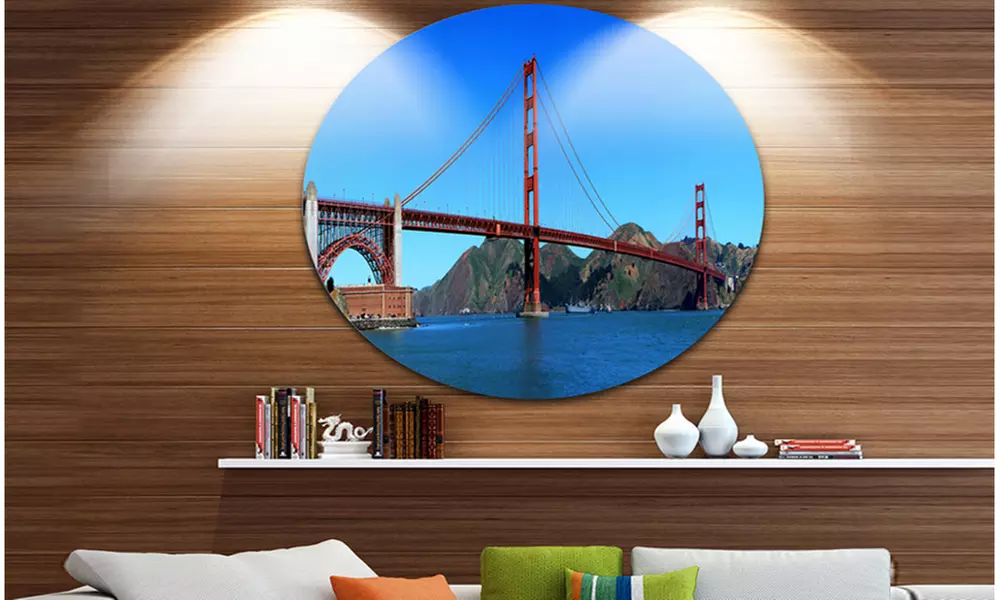 Golden Gate Bridge under Blue Sky' Ultra Glossy Cityscape Circle Wall Art - Primary Image