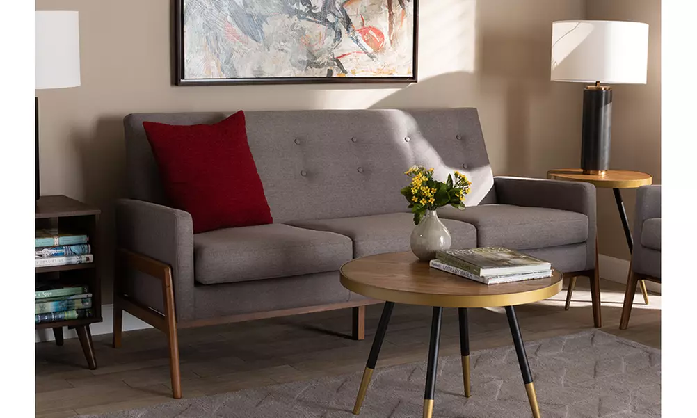 Perris Fabric Upholstered Walnut Wood Sofa - Primary Image