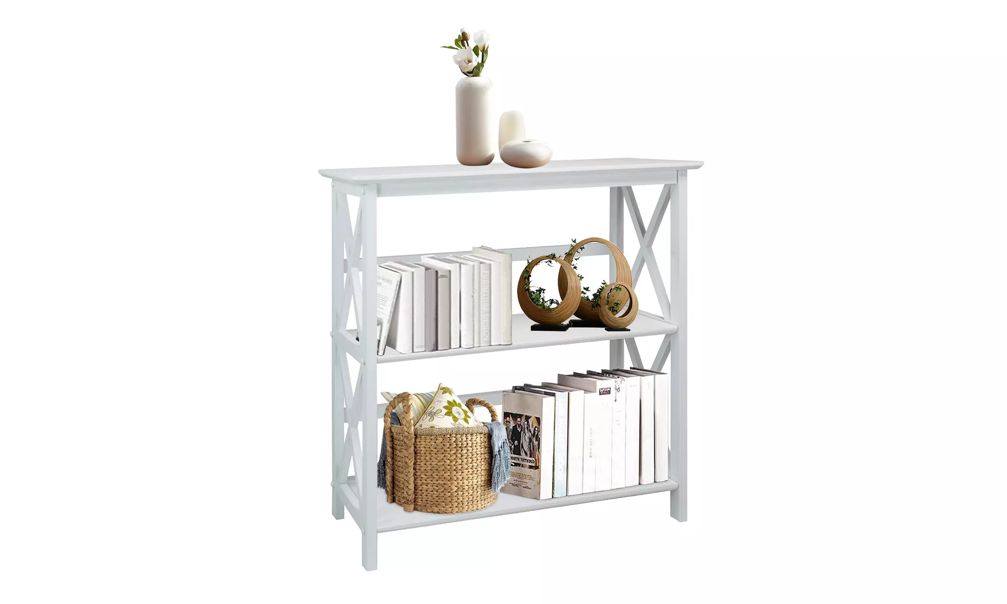 3-Tier Open Bookshelf Bookcase X-Design for Living Room, Kitchen, Office, White - Second Medium
