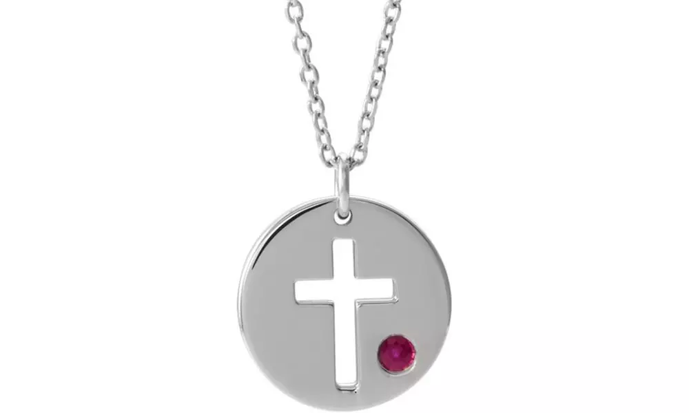 White Gold Plated Imitation Round Ruby Pierced Cross Disc Necklace - Primary Image