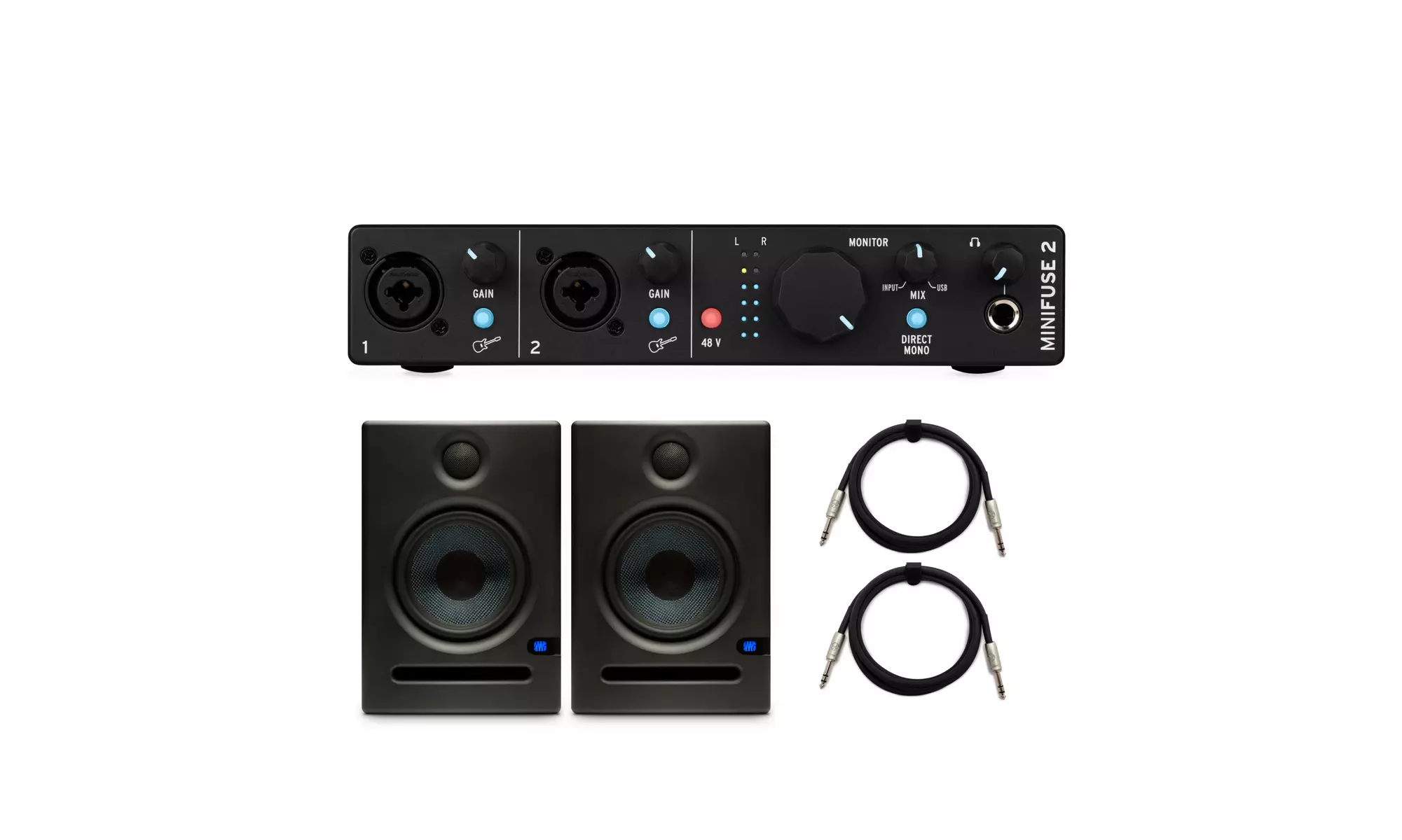 Arturia MiniFuse 2 Audio Interface (Black) with Studio Speakers and TRS Cables - Primary Image