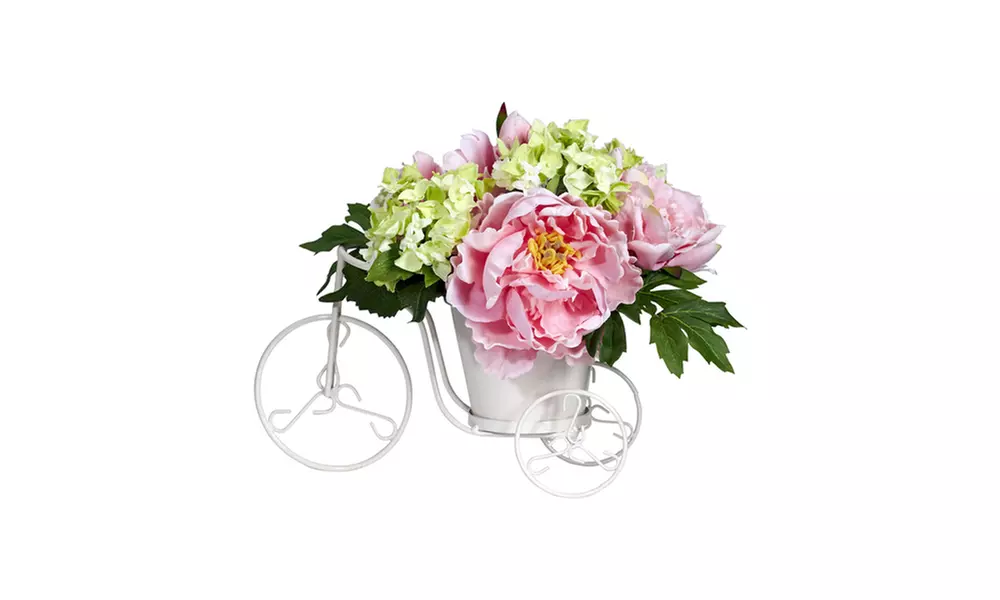 Nearly Natural Peony & Hydrangea Tricycle Silk Flower Arrangement Yellow - Primary Image