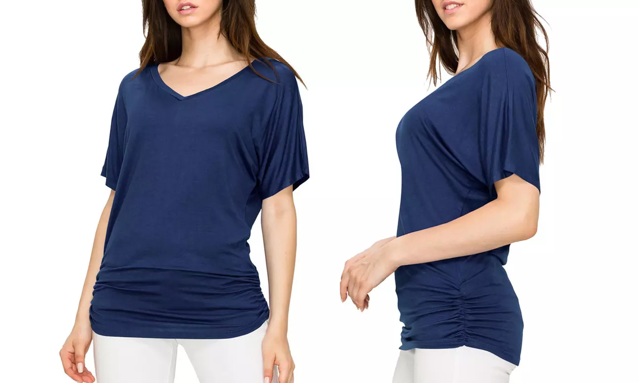 Made by Johnny Womens Solid Short Sleeve V-Neck Dolman Top with Side Shirring