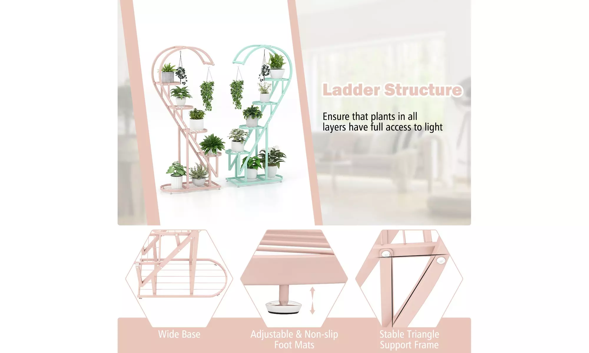 5 Tier Metal Plant Stand Heart-shaped Shelf w/ Hanging Hook for Multiple Plants
