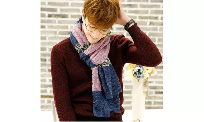 Unisex Winter Warm Large Scarves Knit Patchwork Color Wrap Shawl Scarf  - Second Medium