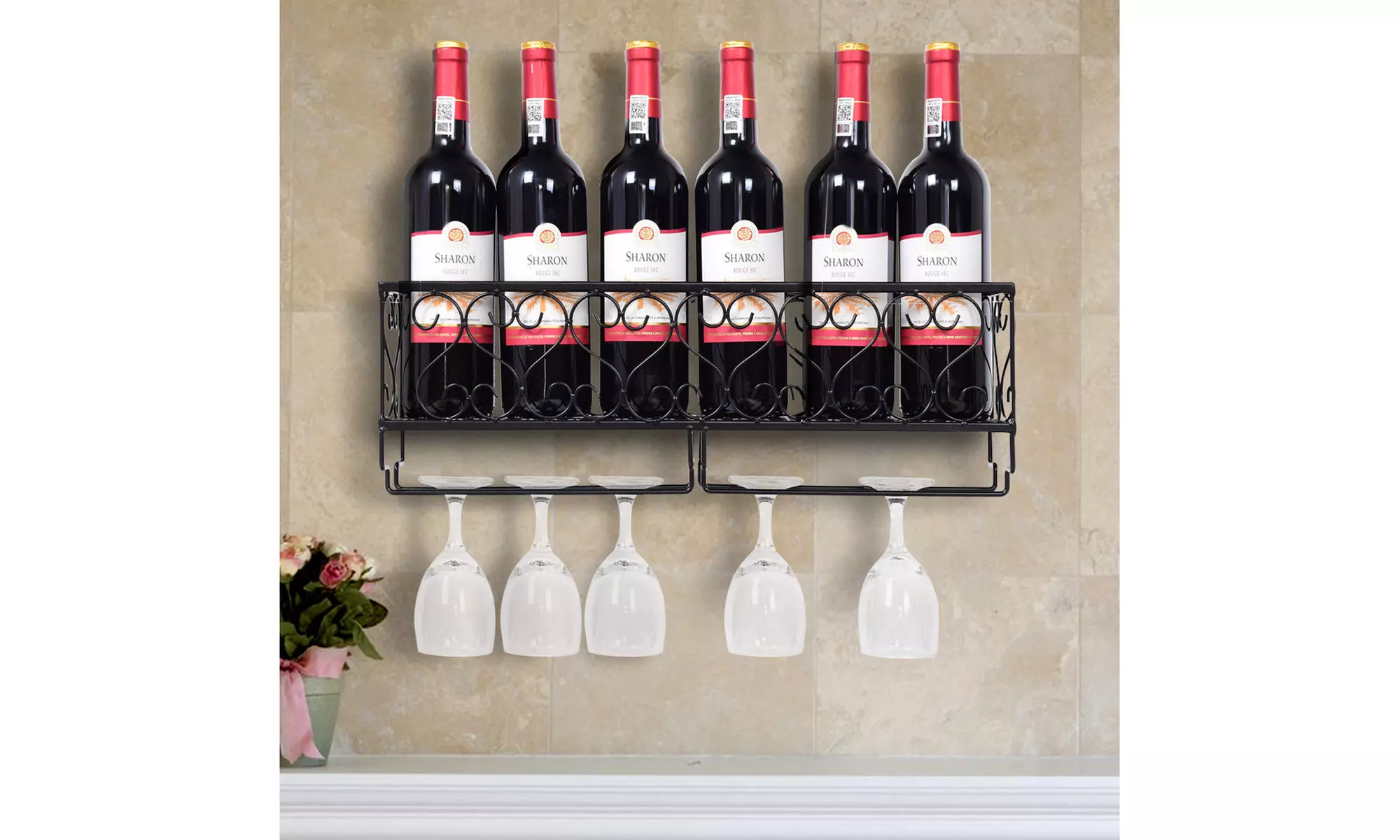 Wall Mounted Metal Wine Rack Wine Bottle Storage w/ Glass Holder Home Bar Decor
