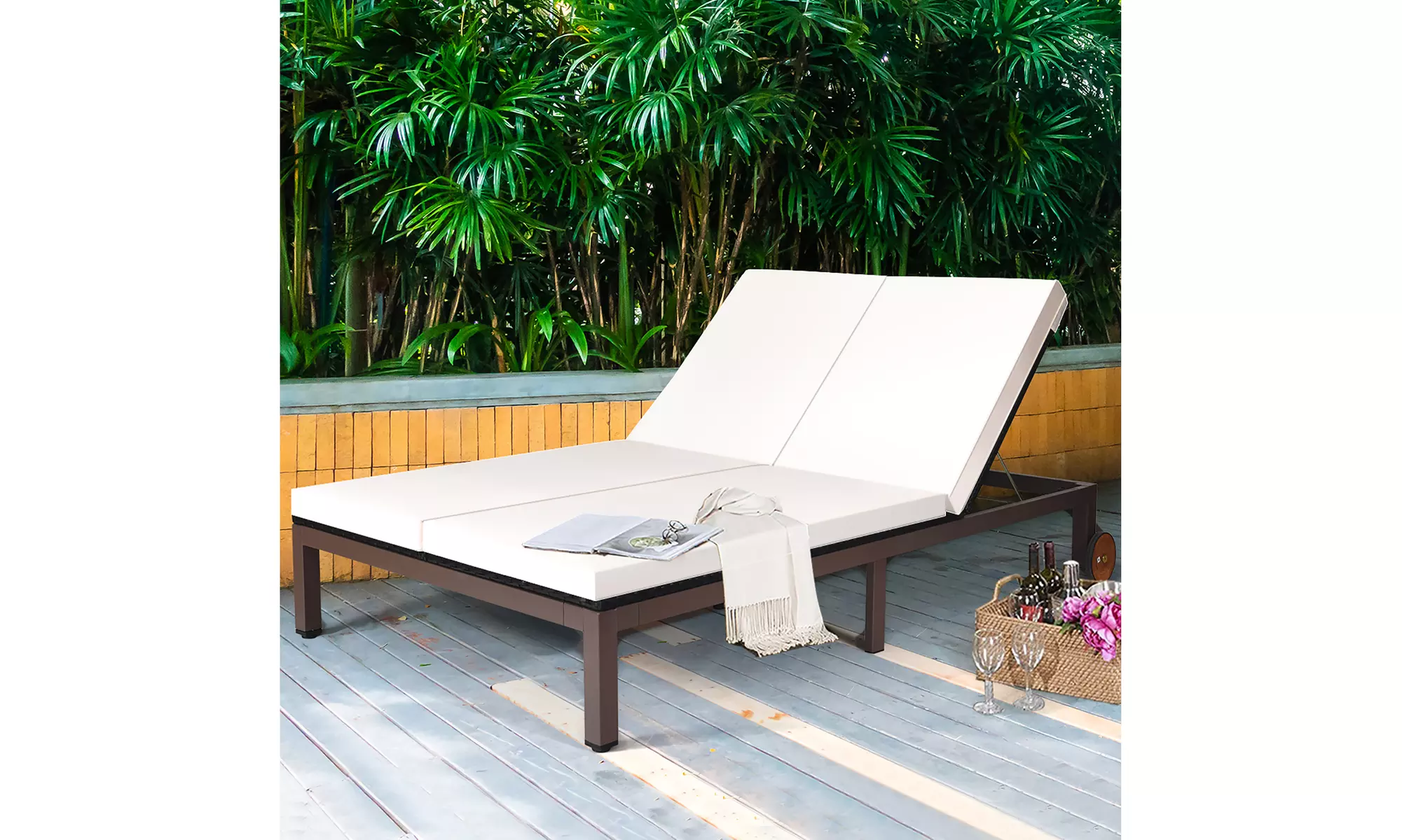 Costway 2-Person Patio Rattan Chair Recliner Adjustable Cushioned W/Wheels - Primary Image