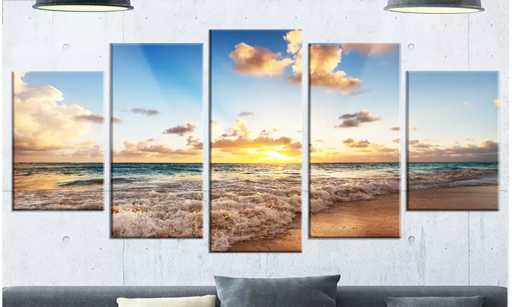Sunrise on Beach of Caribbean Sea - Large Seashore 5 Panel Metal Wall Art - Primary Image