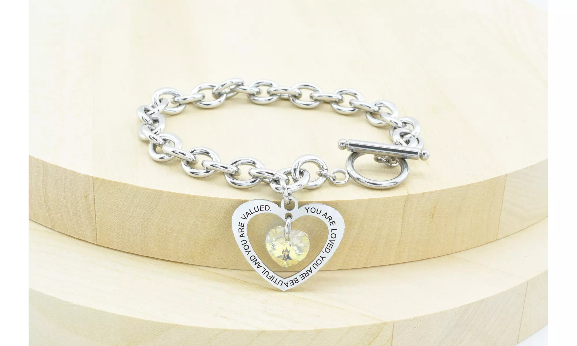 Inspirational Heart Outline Toggle Bracelet Made With Precision Cut Crystals - Primary Image