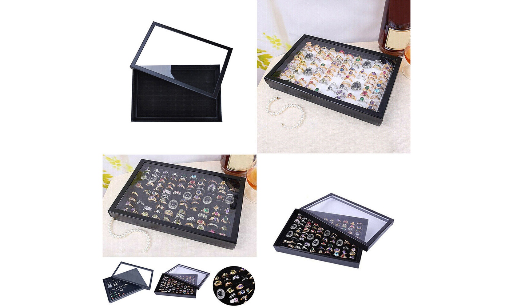 US 1-2 Pack 100 Slots Jewelry Ring Display Tray Holder Earrings Organizer w/ Lid
