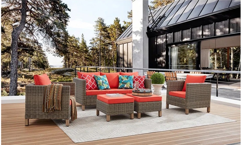 7 Person Patio Wooden Outdoor Sectional Sofa Seating Group Conversation Sets  - Primary Image