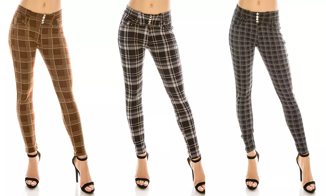 LA12ST Women's Stretchy Plaid Checker Trouser Leggings with Button Fur Pants - Primary Image