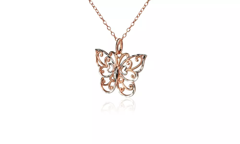 Rose Gold over Silver Two-Tone Diamond-cut Filigree Butterfly Pendant Necklace