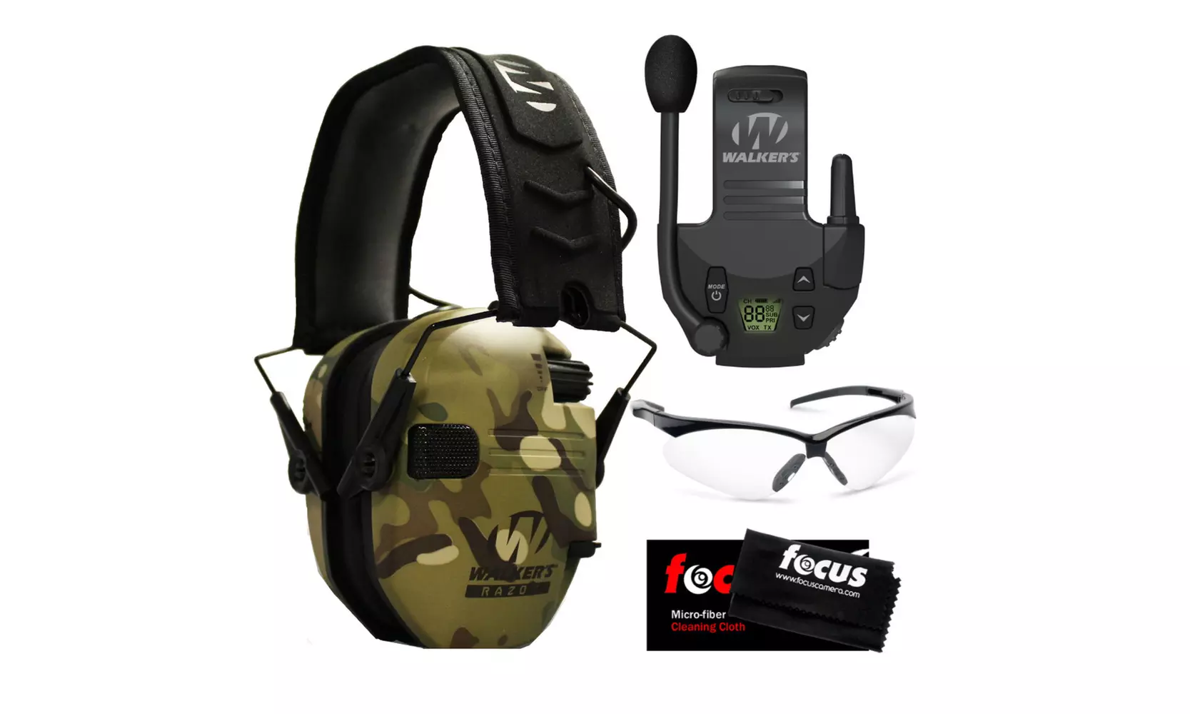 Walkers Razor Slim Electronic Muff (MultiCam Camo) w/ Walkie Talkie & Glasses - Primary Image