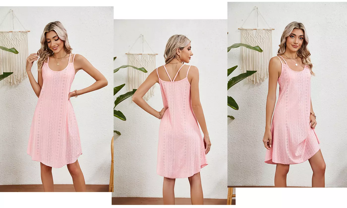 Women's Summer Scoop Neck Double Strap Tank Swing Midi Dress