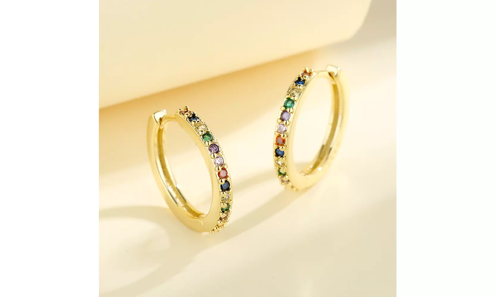 18K Gold & Multi-Color Huggie Hoop Earring with genuine crystals