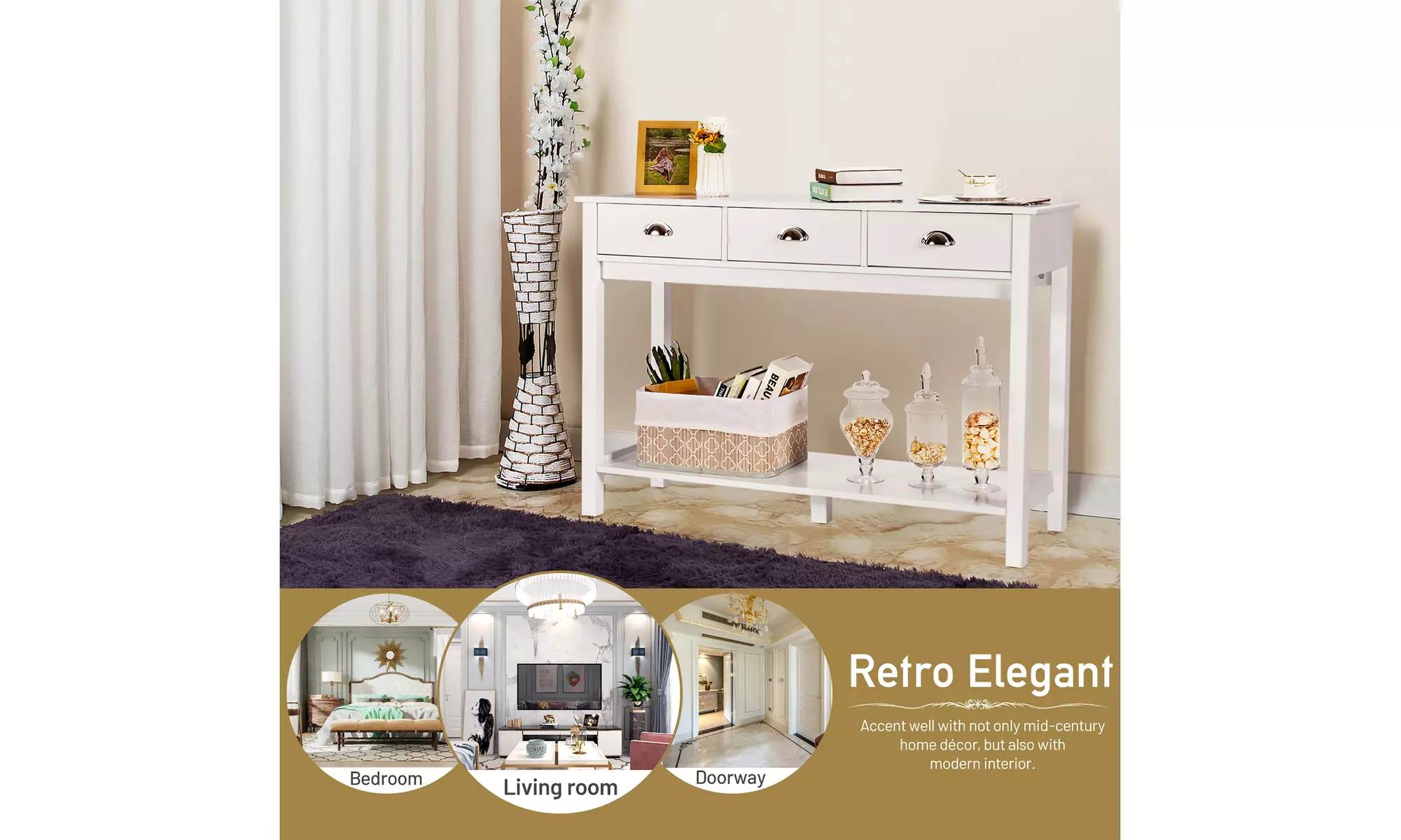 Costway Console Table with 3 Drawers Bottom Shelf Sofa Side Table Entryway White