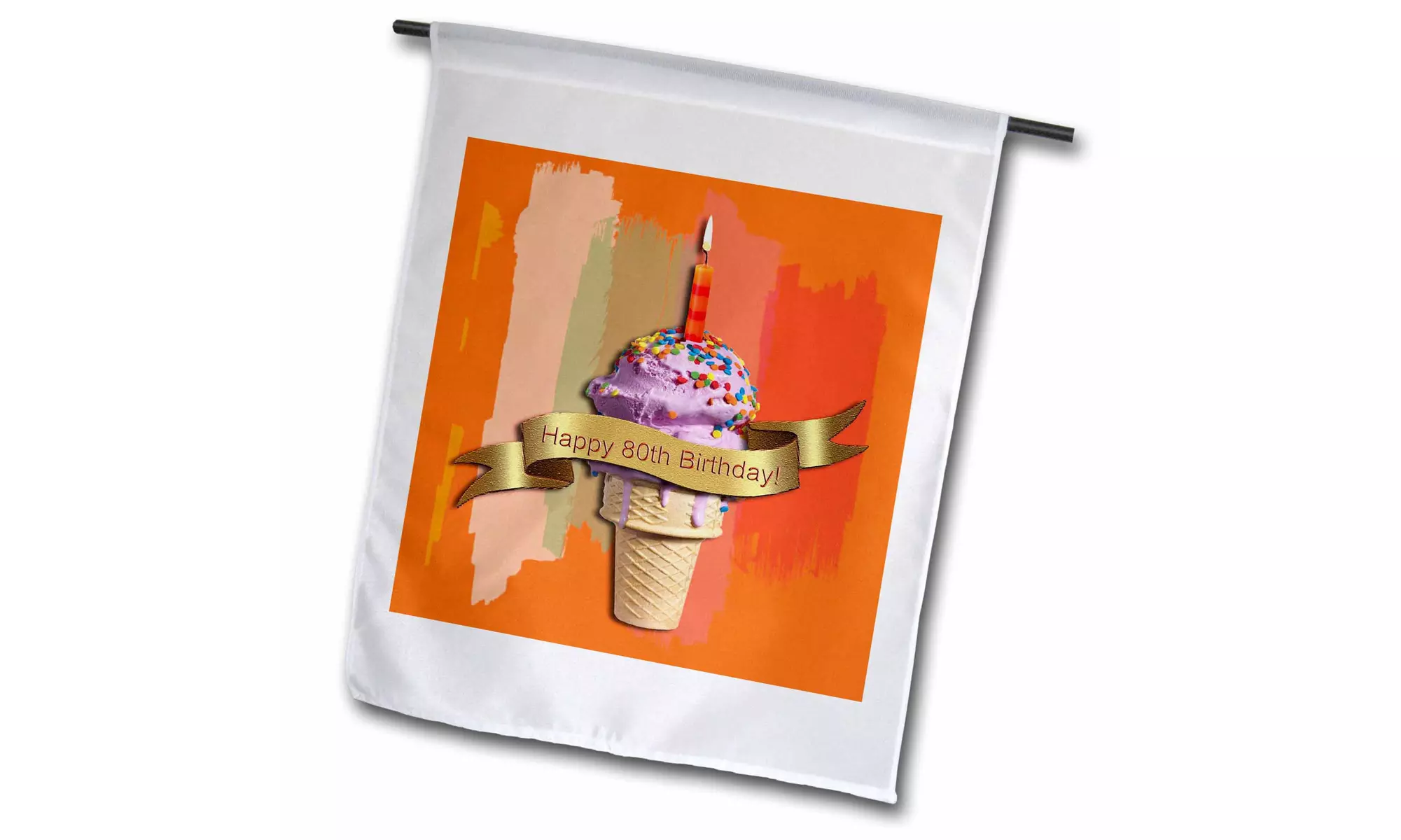  Garden Flag Happy 80th Birthday, Strawberry Ice Cream Cone on Abstract, Orange - Primary Image