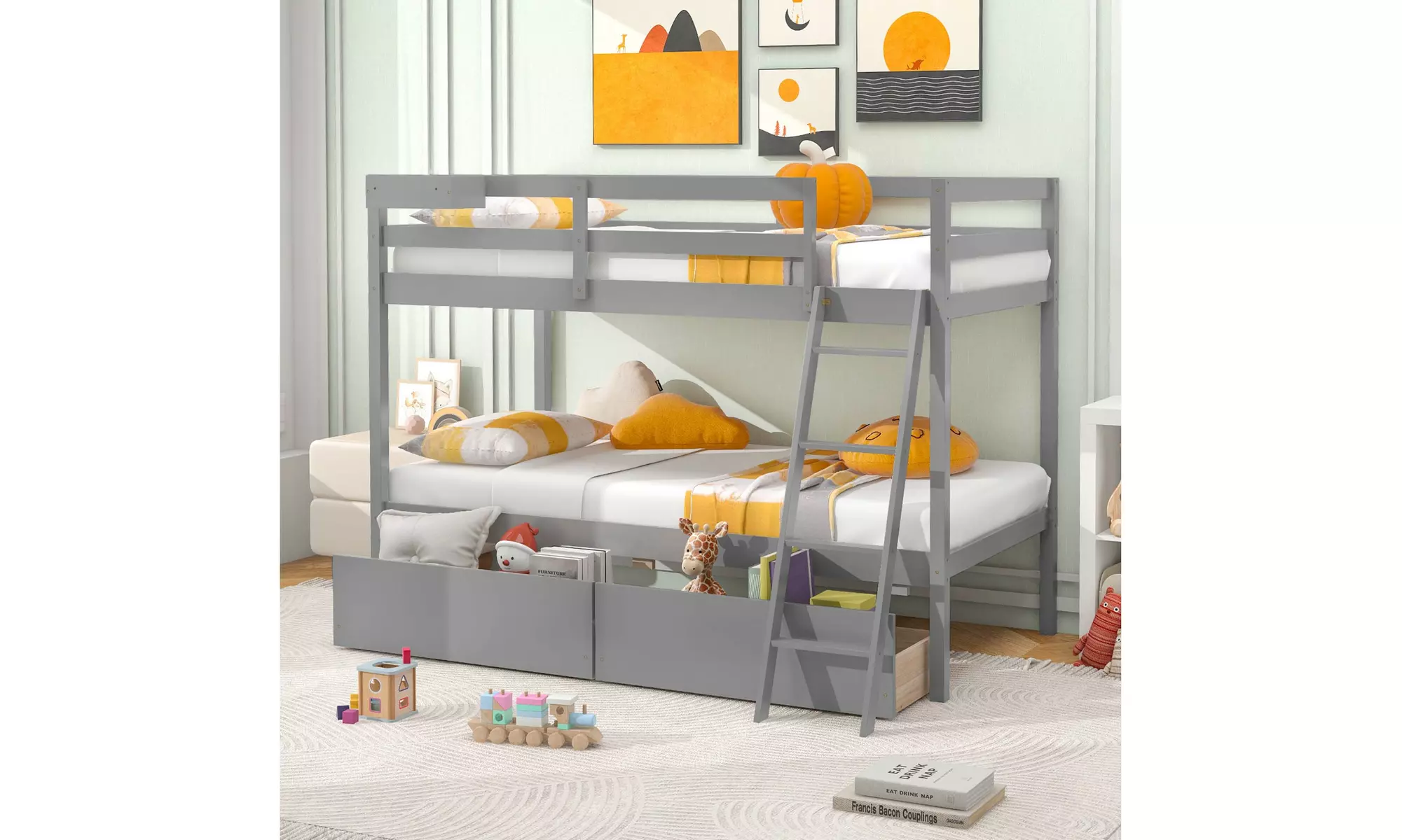 Costway Twin Over Twin Bunk Bed w/ 2 Storage Drawers Ladder No Box Spring Needed
