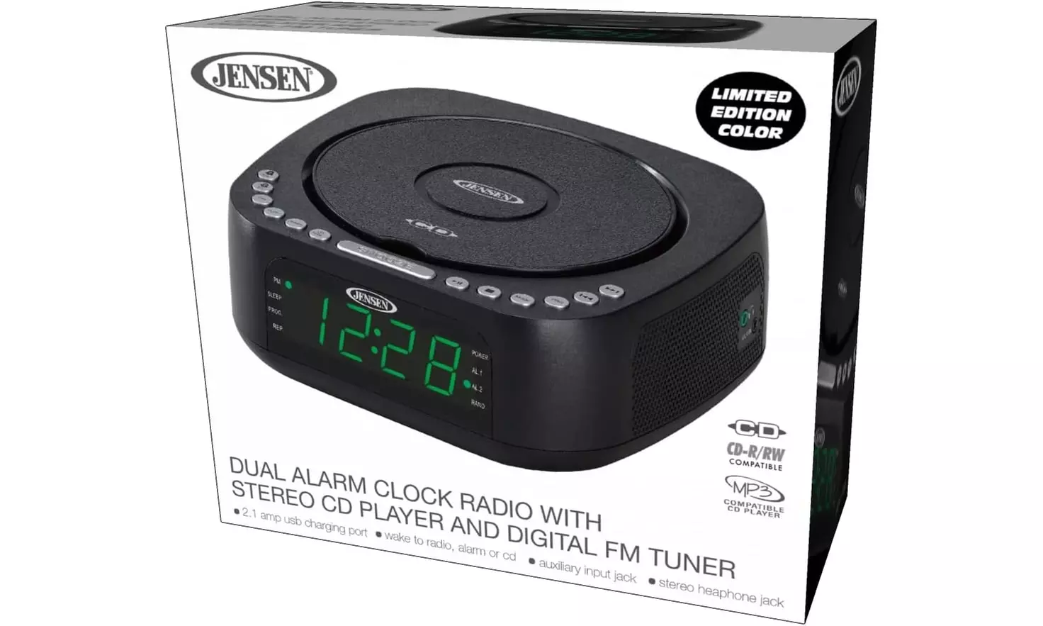Jensen JCR-375 BLK Green LED CD/MP3 Clock Radio USB charge (Black)- New - Second Medium