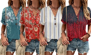 Women 2023 Button Tops Short Sleeve V Neck Blouses Trendy Shirts Tunic