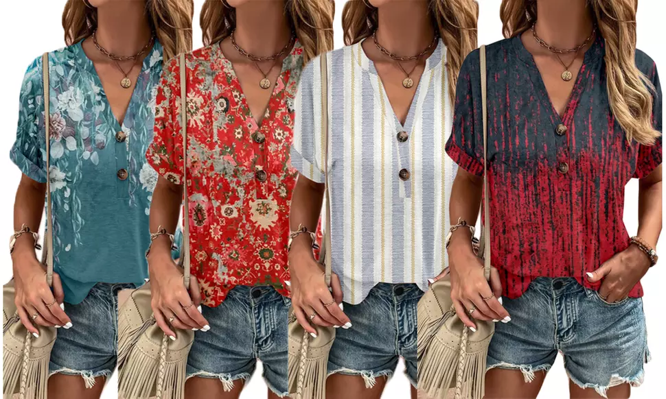 Women 2023 Button Tops Short Sleeve V Neck  Blouses Trendy Shirts Tunic - Primary Image