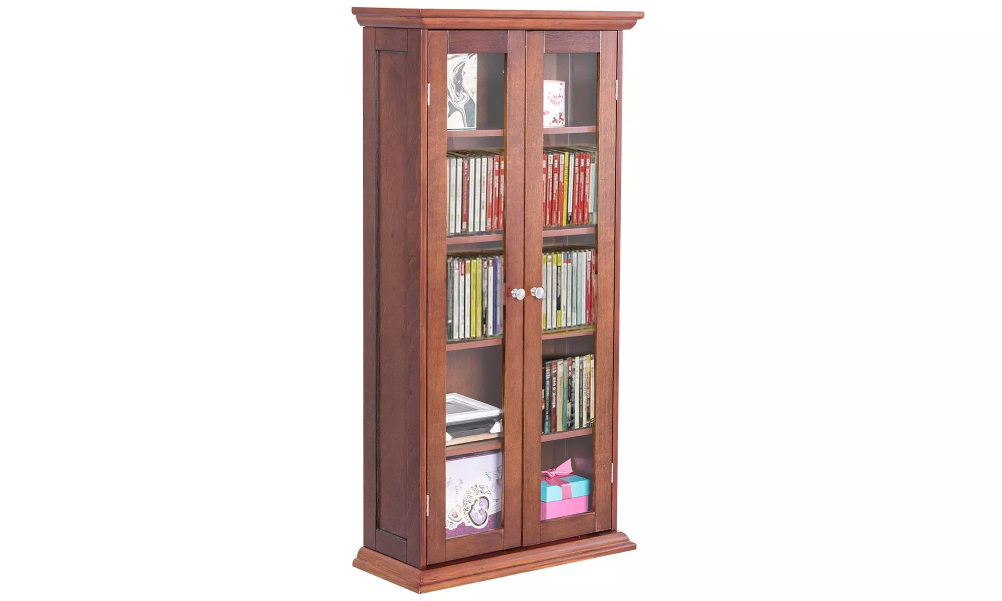 44.5'' Wood Media Storage Cabinet CD DVD Shelves Tower Glass Doors Walnut - Primary Image