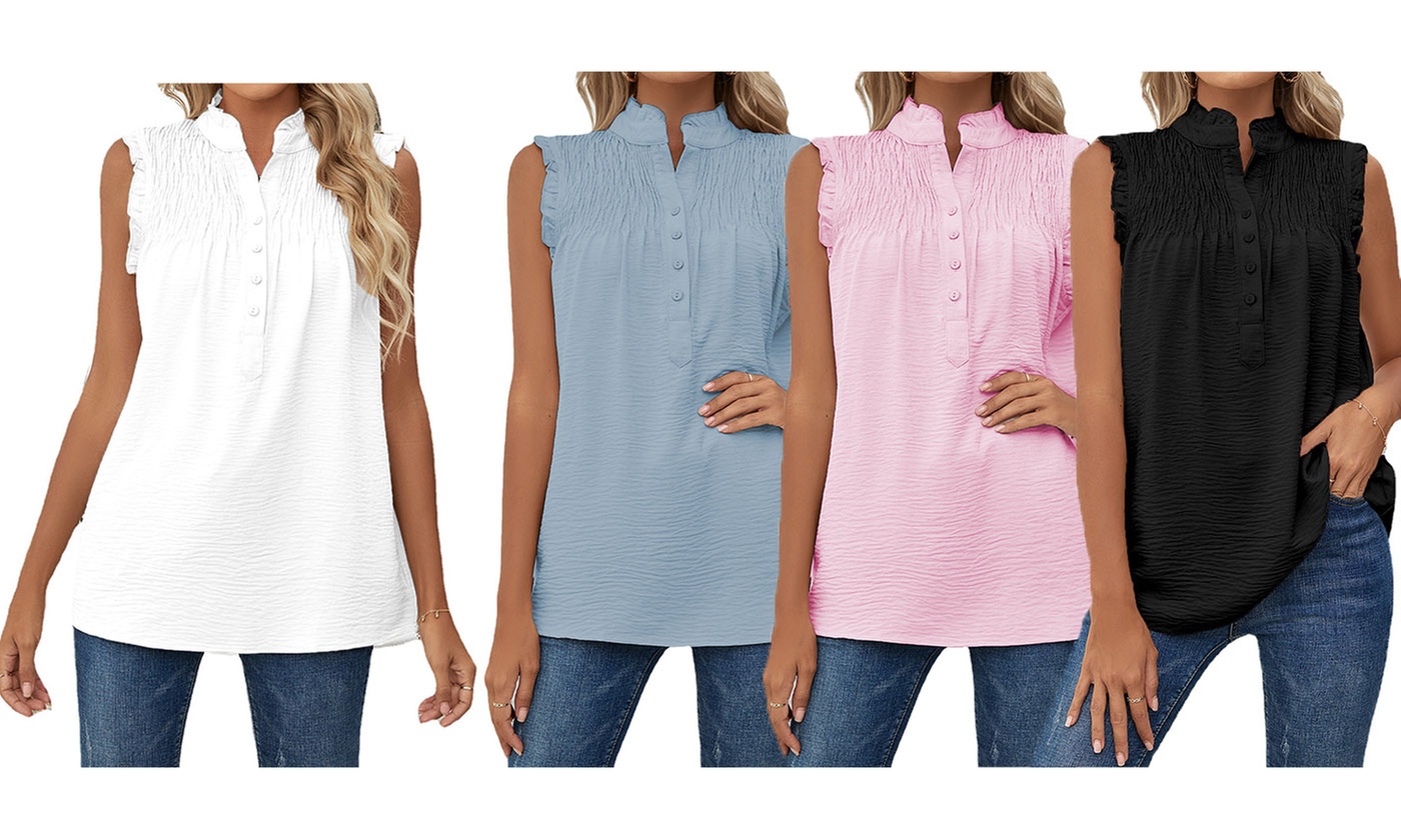 Women's Summer Casual Chiffon Blouses Ruffle Sleeve Tunic Shirts
