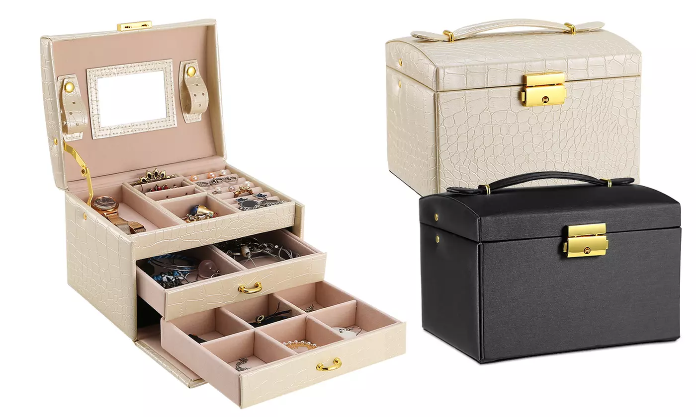 iMounTEK 3-Layer Travel Jewelry Case Lockable Jewelry Box Organizer w/ Mirror - Primary Image