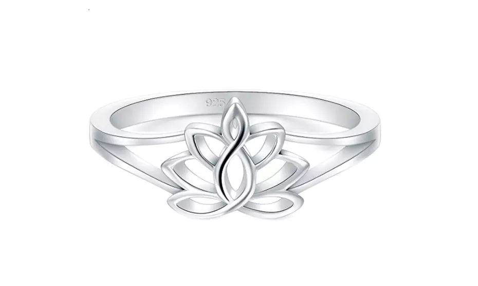 BORUO 925 Sterling Silver Ring, Lotus Flower Yoga High Polish Wedding Band Ring - Primary Image