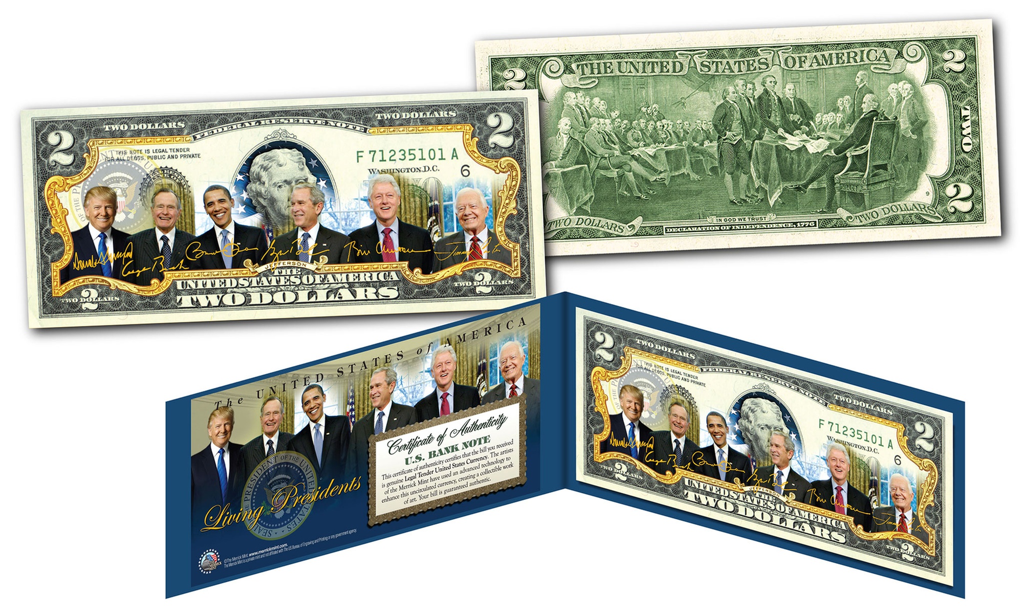 Living Presidents Official Legal Tender U.S. Two Dollar Bill with Donald Trump