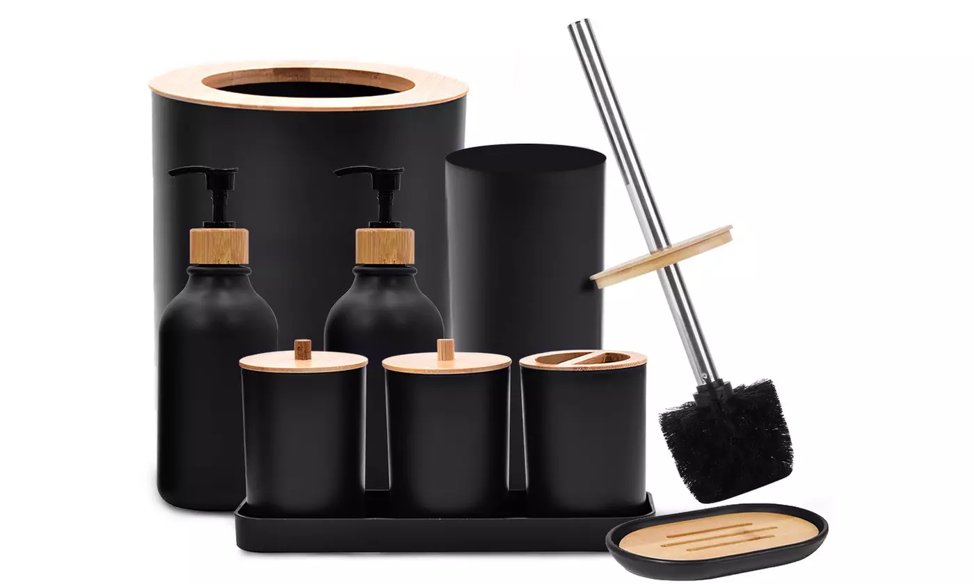 NewHome Bathroom Accessory Set Plastic & Bamboo Bathroom Accessories (9-Piece)