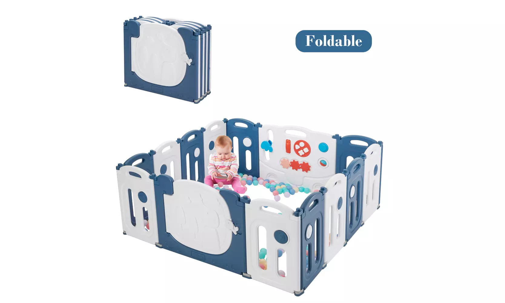 HDPE Bear 14 Panel Baby Playpen Kid Fence Play Yard,Blue & White - Primary Image