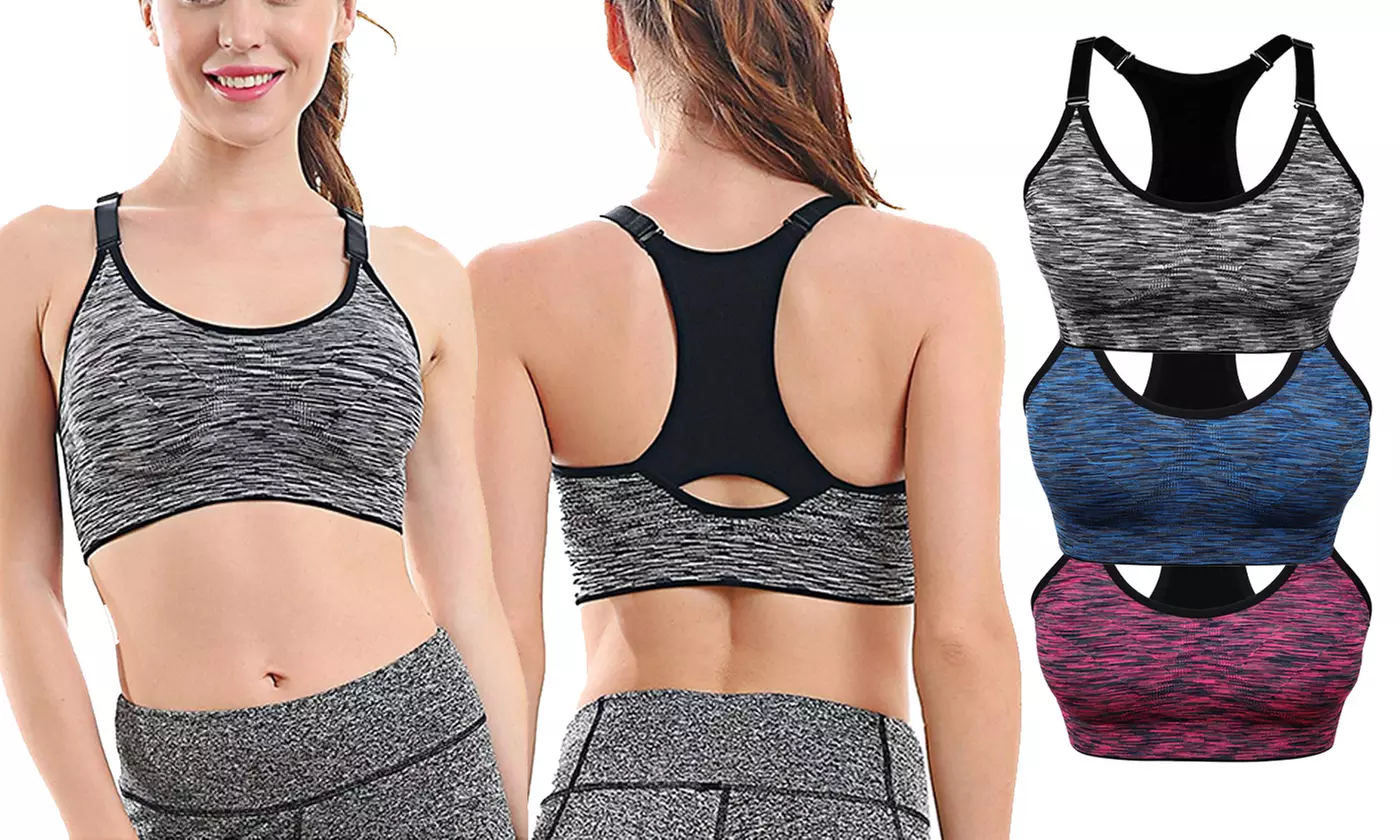 1-3 Pack Women Racerback Sports Bras Space Dye Seamless Stretchy Removable Pads