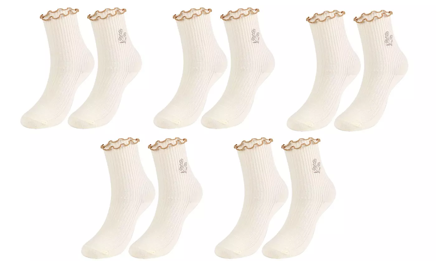Womens Breathable Cotton Knit Ruffle Turn-Cuff Casual Ankle Socks(5 Packs)