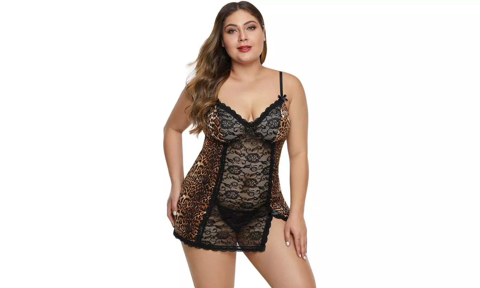 Women's Black/Red Leopard Animal Print Floral Lace Plus Size Chemise - Primary Image
