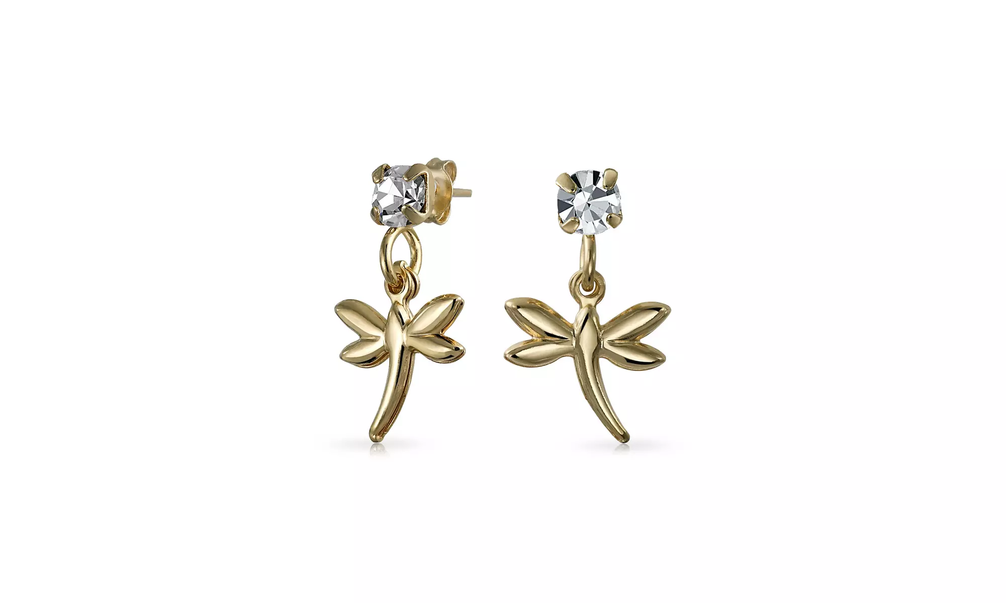 Garden Insect White Crystal Dangle Dragonfly Earrings Gold Plated - Primary Image