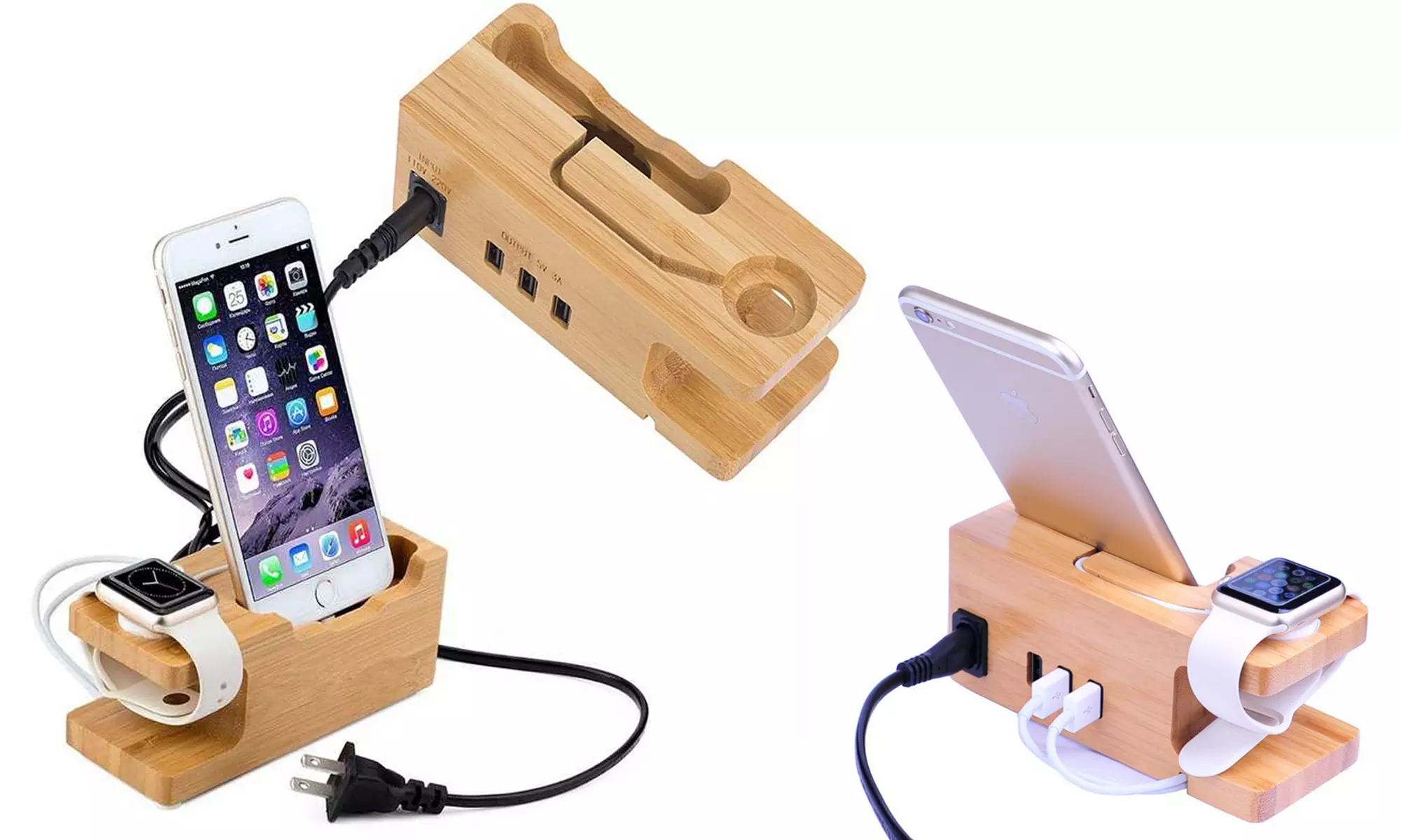 Zummy 2 in 1 Bamboo Wood Charging Station Stand 3 USB for iPhone & Apple Watch  - Primary Image