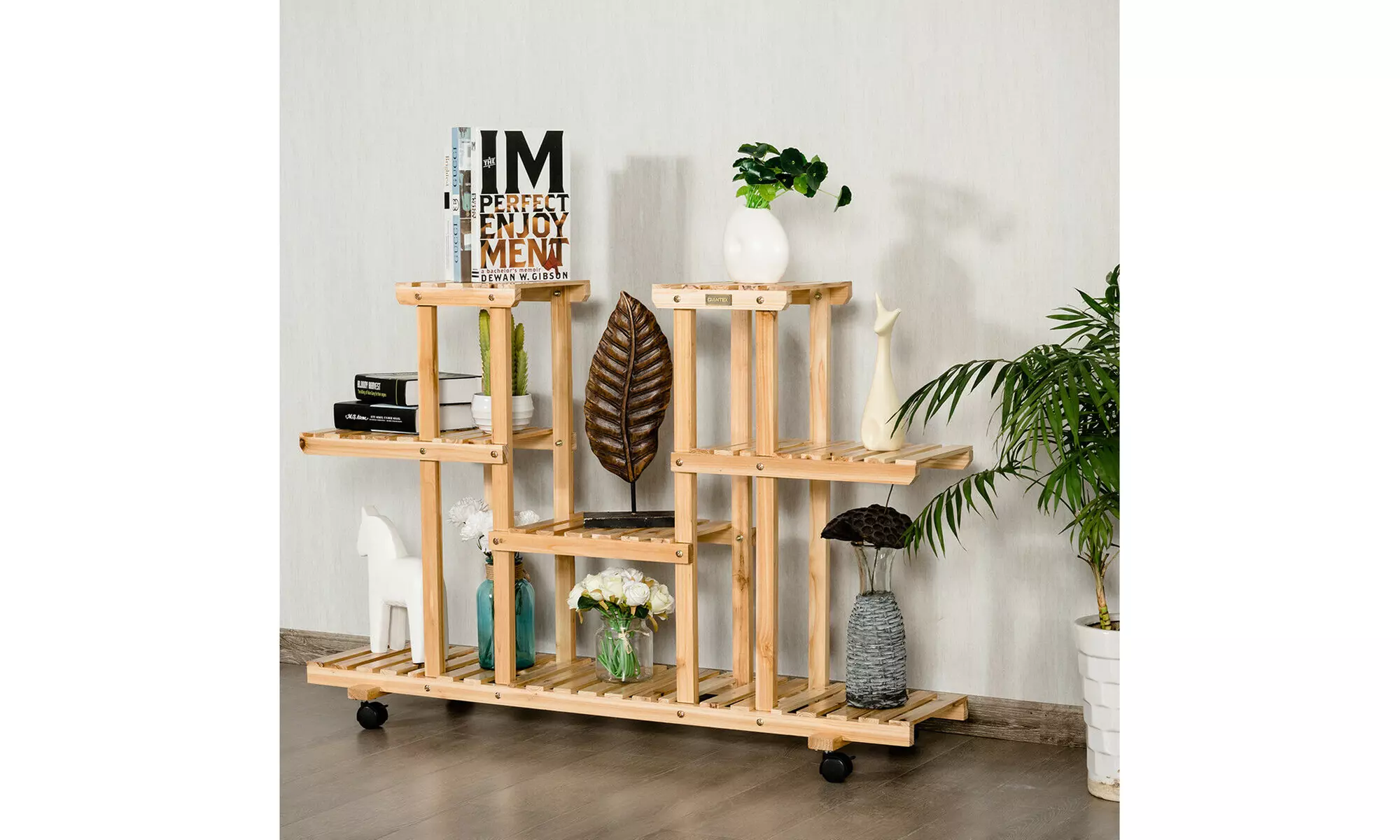 Costway 4-Tier Wooden Plant Stand W/Wheels Multipurpose Storage Rack, Wood Grain - Primary Image