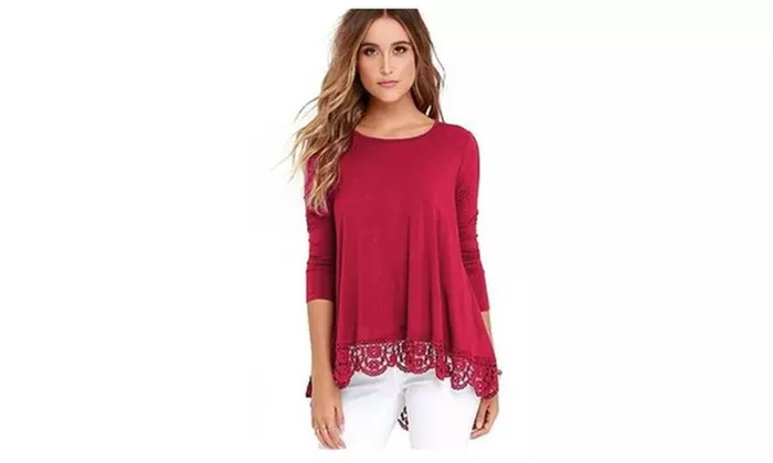 Women's Tops Long Sleeve Lace Trim O-Neck A-Line Tunic Tops - Second Medium