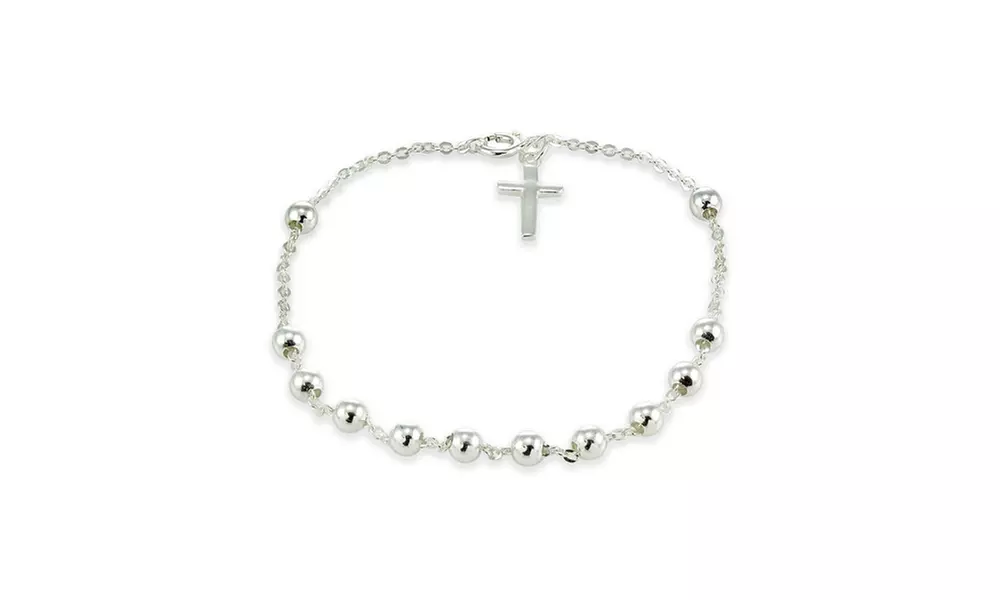 Sterling Silver Bead Station Cross Chain Bracelet - Primary Image