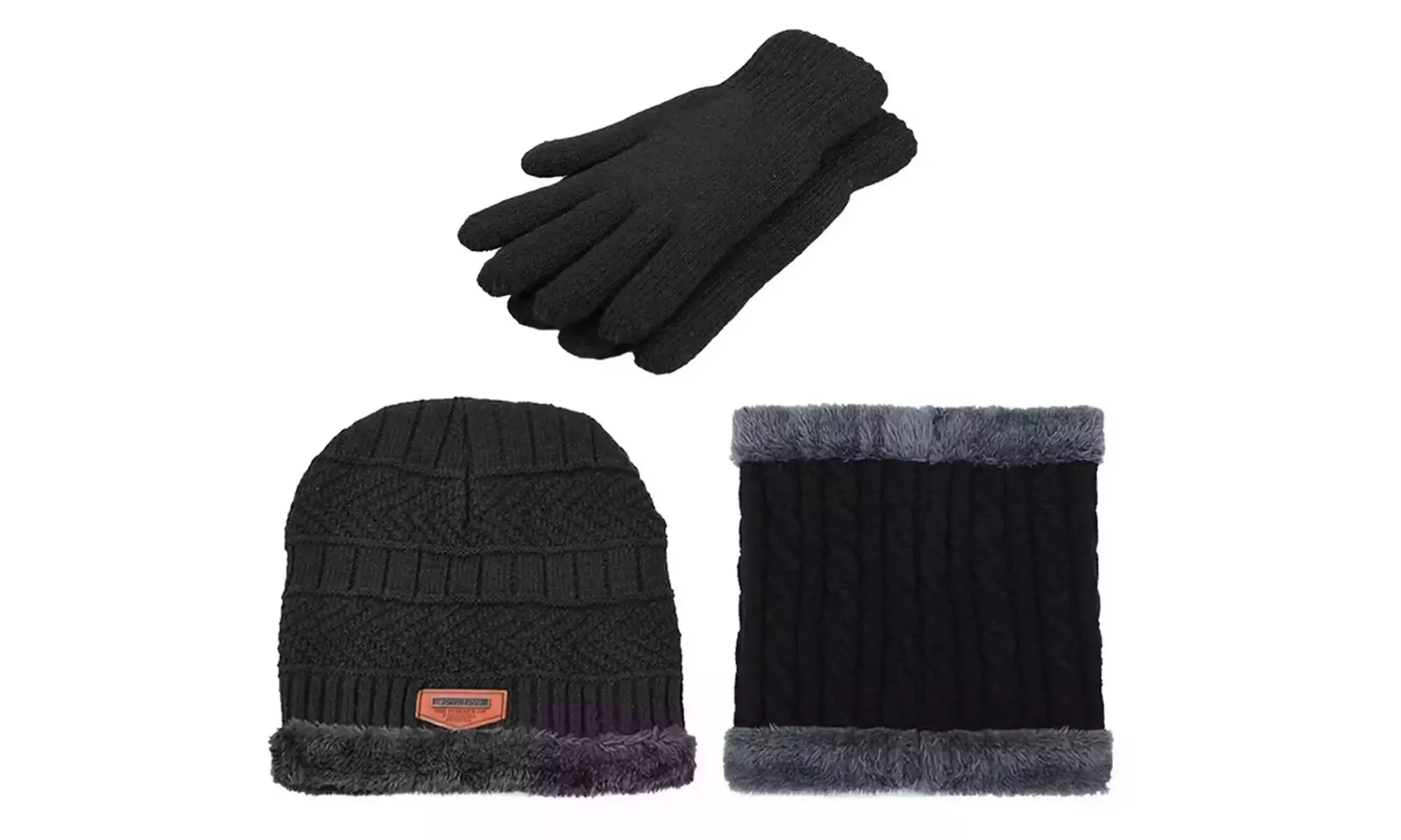 Men's Winter Warm Knit Beanie Hat Scarf Set with Warm Gloves