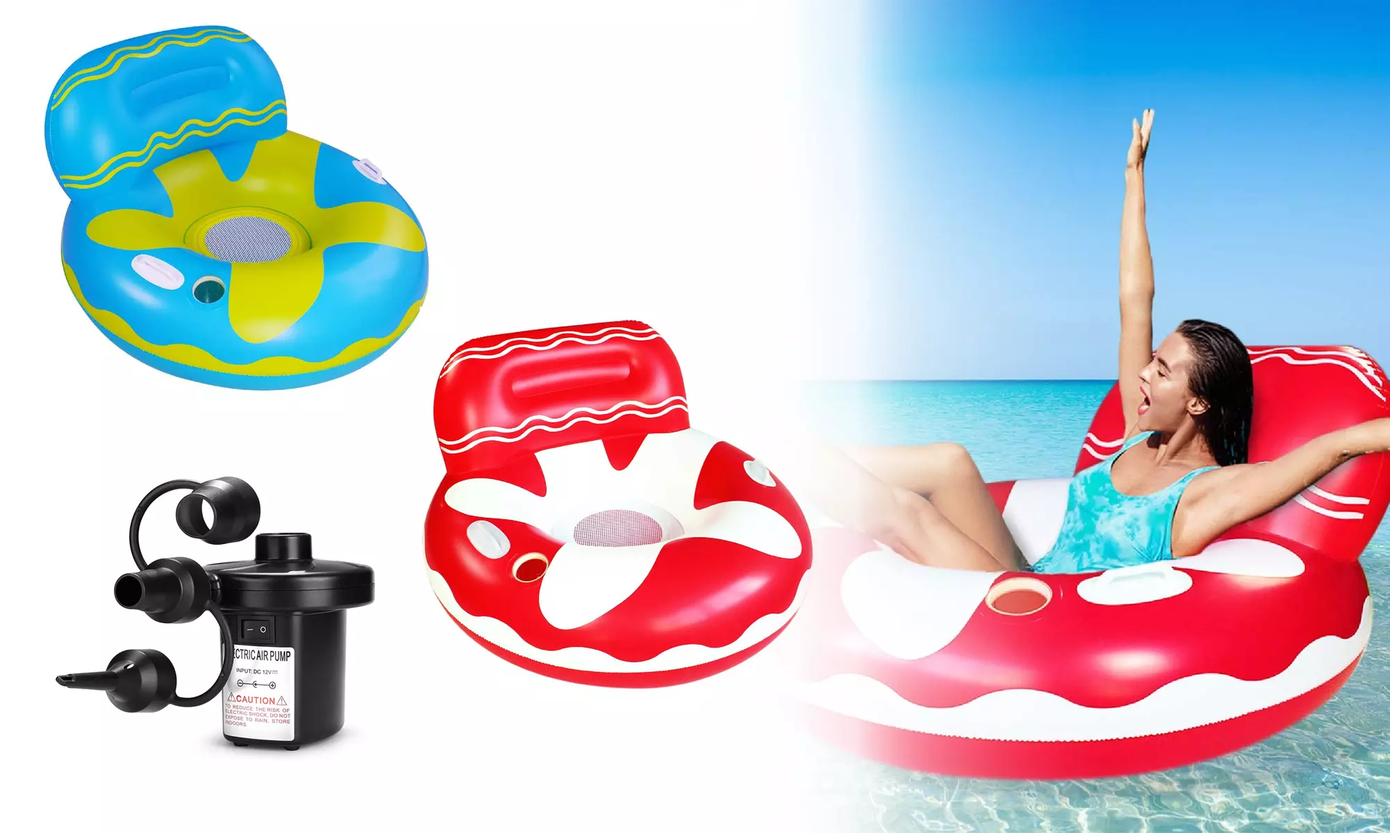 Inflatable Pool Floats with Cup Holder & Backrest & Portable Electric Air Pump - Primary Image