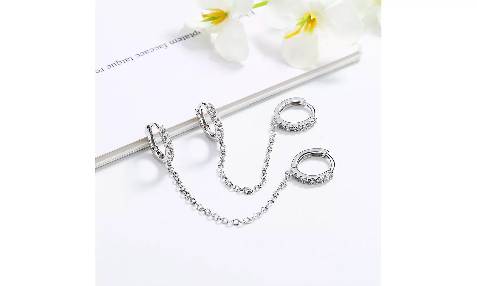 Sterling Silver Double Huggie Chain Earring with Genuine Crystals