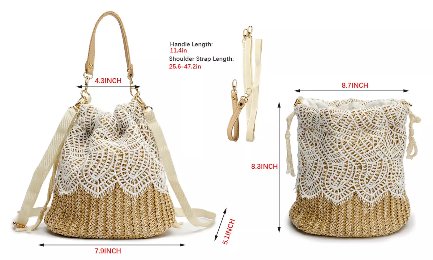 Women Woven Handbag Summer Beach Tote Straw Bag Square Rattan Shoulder Bag